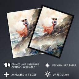 "Artery8 Wall Art Print Forbidden Love Watercolour Painting Couple Embrace In Dramatic Coastal Cliff Landscape Art Framed - Size: W12"" x H16""" - thumbnail 2