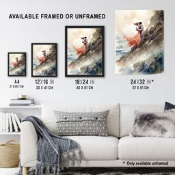 "Artery8 Wall Art Print Forbidden Love Watercolour Painting Couple Embrace In Dramatic Coastal Cliff Landscape Art Framed - Size: W12"" x H16""" - thumbnail 3