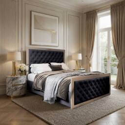 Casani Launceston Upholstered Soft Velvet Black Metal Designer Bed Frame - Size: Super King - thumbnail 1