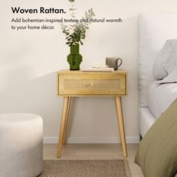 VonHaus Sienna 1 Drawer Set of 2 Rattan Fronted Bedside Table in Natural - thumbnail 2