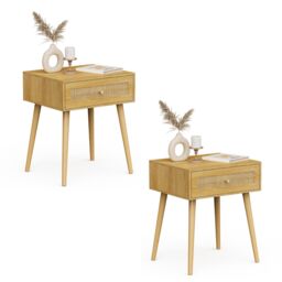 VonHaus Sienna 1 Drawer Set of 2 Rattan Fronted Bedside Table in Natural