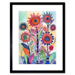 "Artery8 Wall Art Print Large Flower Blooms With Embroidery Style Patterns Folk Art Watercolour Painting Artwork Framed 9X7 Inch - Size: W7"" x H9""" - thumbnail 1
