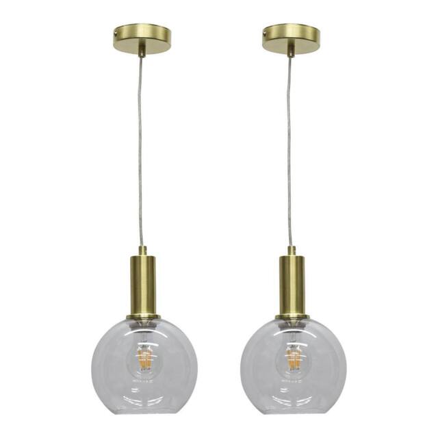 First Choice Lighting Set of 2 Barnum - Clear Glass Globe Satin Brass Deco Pendant Fittings - image 1