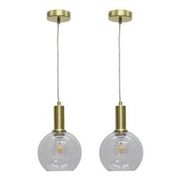 First Choice Lighting Set of 2 Barnum - Clear Glass Globe Satin Brass Deco Pendant Fittings - thumbnail 1