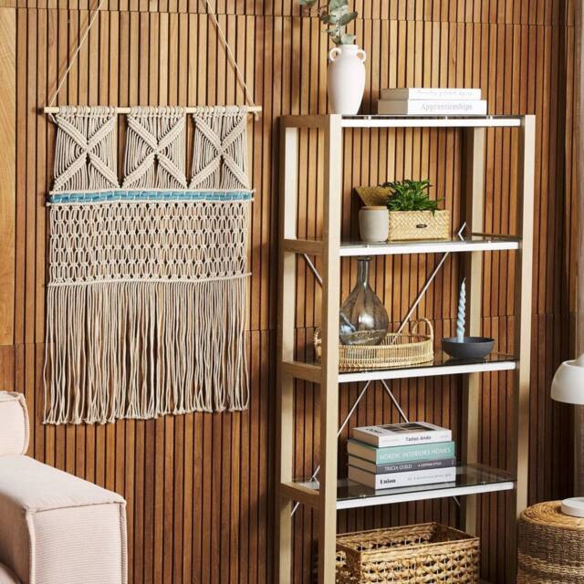 Wyld and Coco Cotton Wall Hanging Beige with Blue Fringed Boho Decor - image 1