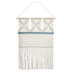 Wyld and Coco Cotton Wall Hanging Beige with Blue Fringed Boho Decor - thumbnail 2