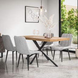 More4Homes Donni Dining Table & Chairs - Oak Effect Table Top w Black Legs + Nova Velvet Dining Chair Set Of 6 in Grey - thumbnail 1