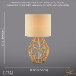 Happy Homewares Traditional Vintage Wrapped Rattan Table Lamp with Cream Linen Fabric Shade in Brown - thumbnail 6