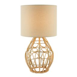 Happy Homewares Traditional Vintage Wrapped Rattan Table Lamp with Cream Linen Fabric Shade in Brown - thumbnail 1