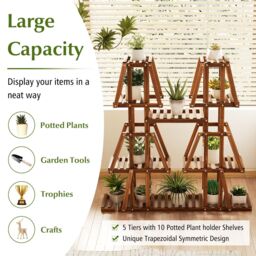 Costway Wood Plant Stand 5-Tier 10 Pots Plant Display Rack Indoor Flowerpot Holder in Brown - thumbnail 6