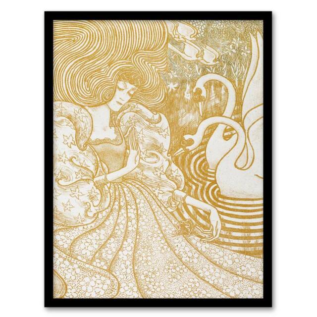 Artery8 Jan Toorop Framed Wall Art Woman With a Butterfly at Pond with Two Swans in Brown - Size: A4 - image 1