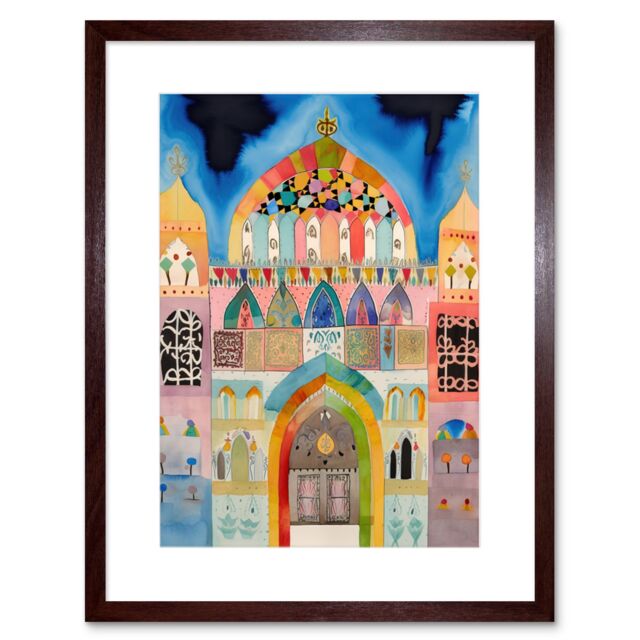 "Artery8 Wall Art Print Jewish Synagogue Decorated Facade Folk Art Watercolour Painting Artwork Framed 9X7 Inch in Brown - Size: W7"" x H9""" - image 1