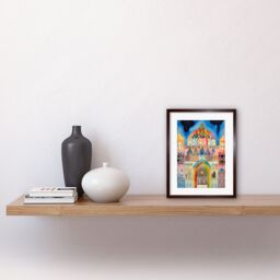 "Artery8 Wall Art Print Jewish Synagogue Decorated Facade Folk Art Watercolour Painting Artwork Framed 9X7 Inch in Brown - Size: W7"" x H9""" - thumbnail 2