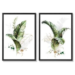ARTZE Abstract Green Botanical Leaves Set of 2 Art Prints in Black Frames in Bottle Green - Size: A2 - thumbnail 2
