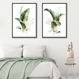 ARTZE Abstract Green Botanical Leaves Set of 2 Art Prints in Black Frames in Bottle Green - Size: A2 - thumbnail 1