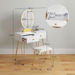 HOMCOM Vanity Table Set Dressing Table with 2 Drawers Cushioned Stool Makeup Table in White - thumbnail 3