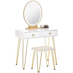 HOMCOM Vanity Table Set Dressing Table with 2 Drawers Cushioned Stool Makeup Table in White - thumbnail 2