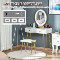 HOMCOM Vanity Table Set Dressing Table with 2 Drawers Cushioned Stool Makeup Table in White - thumbnail 6