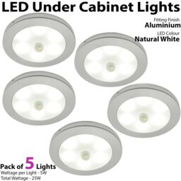 Loops 5x ALUMINIUM Ultra-Slim Round Under Cabinet Kitchen Light & Driver Kit - AUTO ON / Off-PIR - Natural White LED - thumbnail 2
