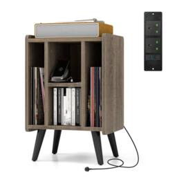 Costway Record Player Stand Vinyl Record Storage Side Table with Power Outlet in Grey - thumbnail 2