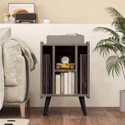 Costway Record Player Stand Vinyl Record Storage Side Table with Power Outlet in Grey - thumbnail 4