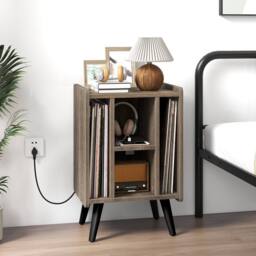 Costway Record Player Stand Vinyl Record Storage Side Table with Power Outlet in Grey - thumbnail 1