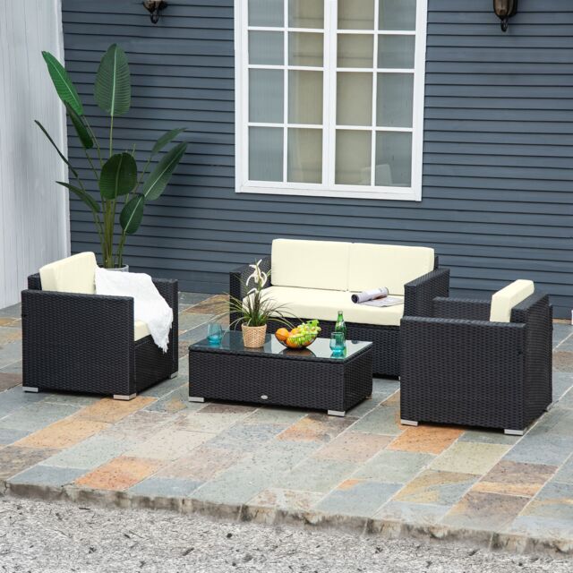 OUTSUNNY 4PC Rattan Sofa Set Outdoor Coffee Table Chair Wicker Garden in Black - image 1