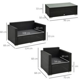 OUTSUNNY 4PC Rattan Sofa Set Outdoor Coffee Table Chair Wicker Garden in Black - thumbnail 3