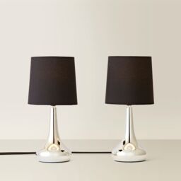 ValueLights Teardrop Pair Compact Fabric Shades Brushed Chrome Touch Table Lamps in Black - thumbnail 3
