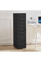 Living and Home 8 Drawers Vertical File Cabinet with Wheels Living Room Storage Cabinet Bedroom Black Bedside Table