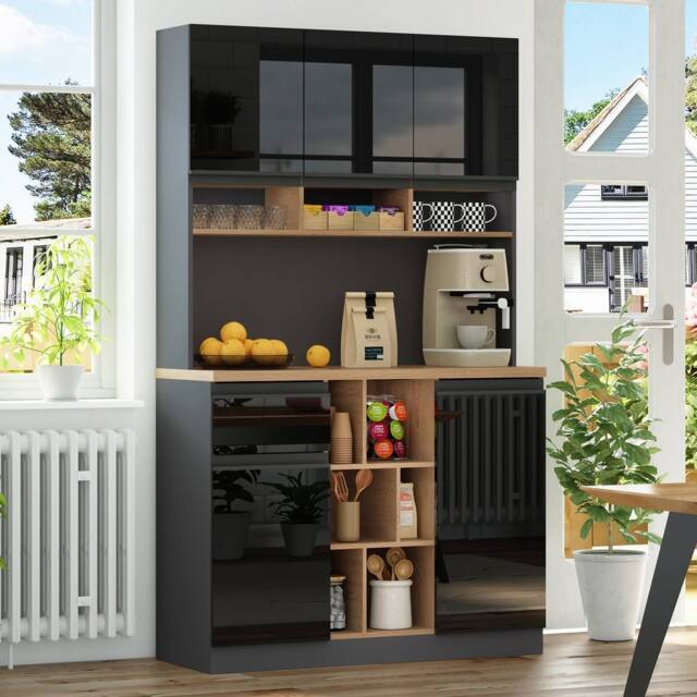 Merax High Kitchen Storage Cabinet with High Gloss Doors & Storage in Black - image 1