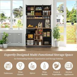 Merax High Kitchen Storage Cabinet with High Gloss Doors & Storage in Black - thumbnail 3