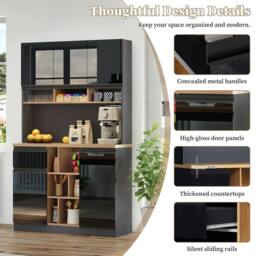 Merax High Kitchen Storage Cabinet with High Gloss Doors & Storage in Black - thumbnail 6