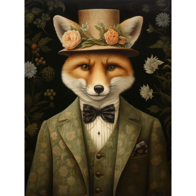"Artery8 Wall Art Print Fox in Floral Victorian Suit & Top Hat Surrealism Artwork Green Orange Woodland Gentleman Poster in Brown - Size: W12"" x H16""" - image 1