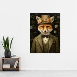 "Artery8 Wall Art Print Fox in Floral Victorian Suit & Top Hat Surrealism Artwork Green Orange Woodland Gentleman Poster in Brown - Size: W12"" x H16""" - thumbnail 2