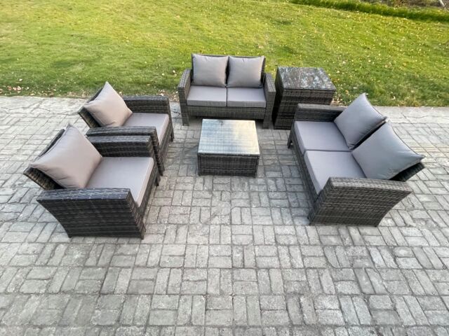 Fimous Rattan Garden Furniture Set 6 Seater Patio Outdoor Lounge Sofa Set with Square Coffee Table Double Seat Sofa Side Table in Dark Grey