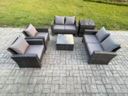 Fimous Rattan Garden Furniture Set 6 Seater Patio Outdoor Lounge Sofa Set with Square Coffee Table Double Seat Sofa Side Table in Dark Grey - thumbnail 1