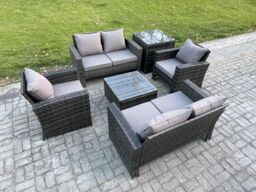Fimous Rattan Garden Furniture Set 6 Seater Patio Outdoor Lounge Sofa Set with Square Coffee Table Double Seat Sofa Side Table in Dark Grey - thumbnail 2