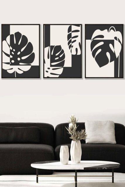 ARTZE Set of 3 Black Framed Mid Century Monstera in Black & Ivory Wall Art in Charcoal - Size: W33 cm x H45 cm x D20mm - image 1