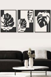 ARTZE Set of 3 Black Framed Mid Century Monstera in Black & Ivory Wall Art in Charcoal - Size: W33 cm x H45 cm x D20mm
