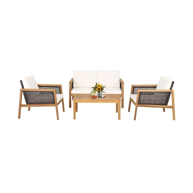 Costway 4 Pcs Patio Acacia Wood Furniture Set Outdoor Rattan Conversation Set in White