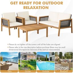 Costway 4 Pcs Patio Acacia Wood Furniture Set Outdoor Rattan Conversation Set in White - thumbnail 5