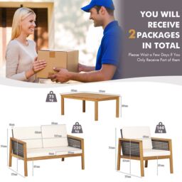 Costway 4 Pcs Patio Acacia Wood Furniture Set Outdoor Rattan Conversation Set in White - thumbnail 2