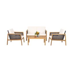 Costway 4 Pcs Patio Acacia Wood Furniture Set Outdoor Rattan Conversation Set in White - thumbnail 1