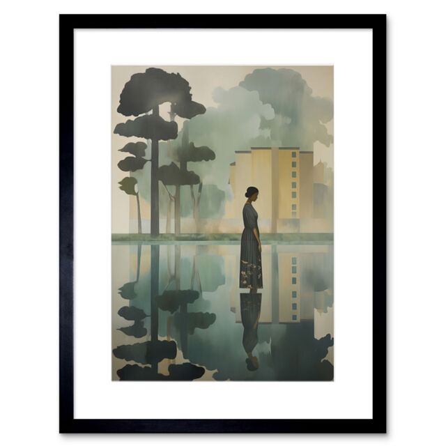 Artery8 Wall Art Print Reflecting & Reflection of Calm Artwork Modern Simple Calming Soft Painting Flat Lake Trees Artwork Framed 9X7 Inch - image 1