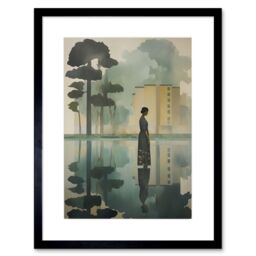 Artery8 Wall Art Print Reflecting & Reflection of Calm Artwork Modern Simple Calming Soft Painting Flat Lake Trees Artwork Framed 9X7 Inch - thumbnail 1