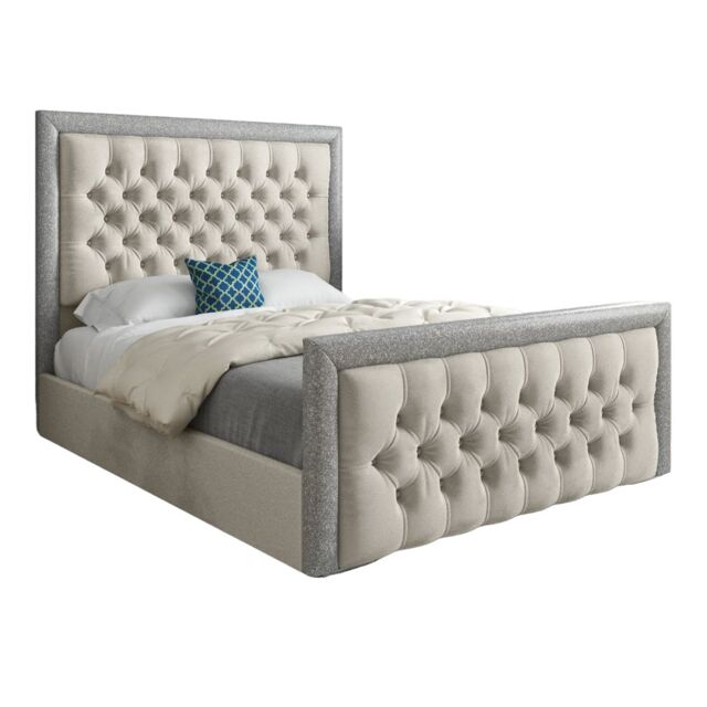 KDMD Rincon Glitter Border Upholstered Soft Velvet Designer Bed Frame in Cream - Size: Single - image 1