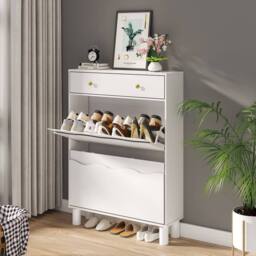 KEEPREAPER Freestanding Shoe Cabinet with 2 Flip Drawers & 1 Pull-Out Drawer in White - thumbnail 7