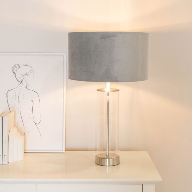 ValueLights Balan Glass with Chrome Table Lamp & Grey Velvet with Chrome Inner Lamp Shade - image 1