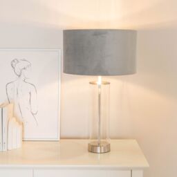 ValueLights Balan Glass with Chrome Table Lamp & Grey Velvet with Chrome Inner Lamp Shade